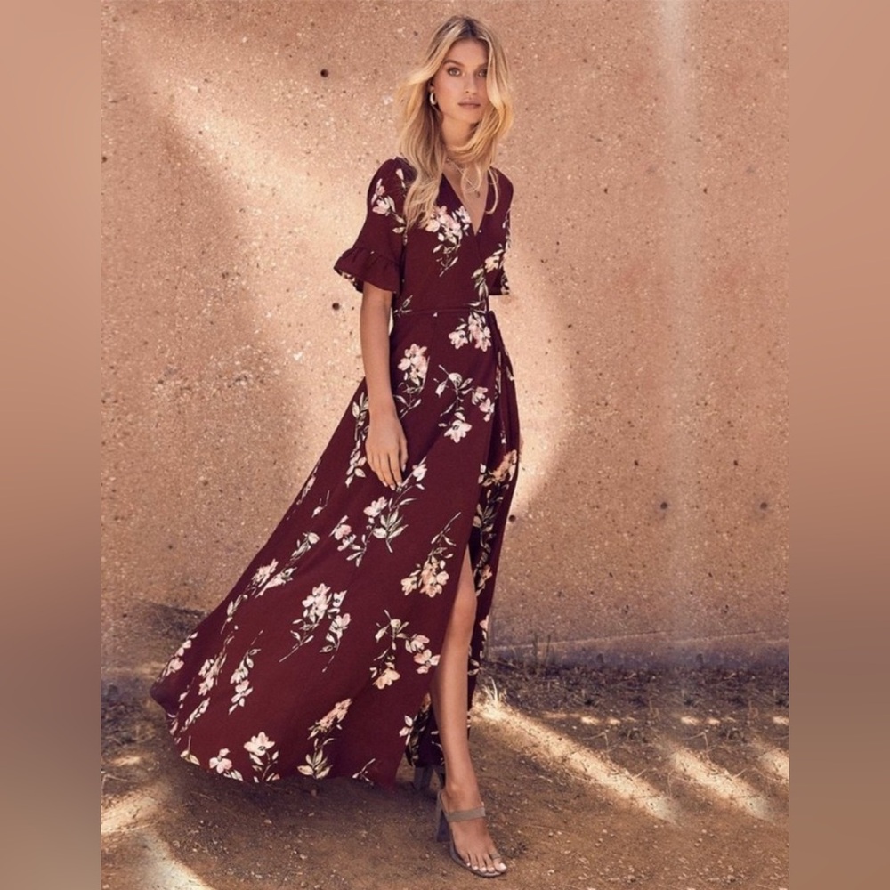 Lulu’s September Sunsets Burgundy Floral Print Wrap Maxi Dress